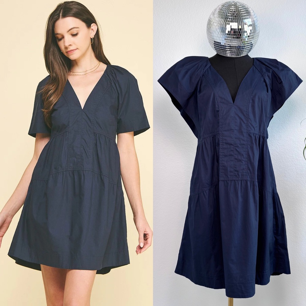 Pinch Caitlyn Navy Blue‎ Tiered V-Neck Mini Dress Pockets AVARA NWT Large
